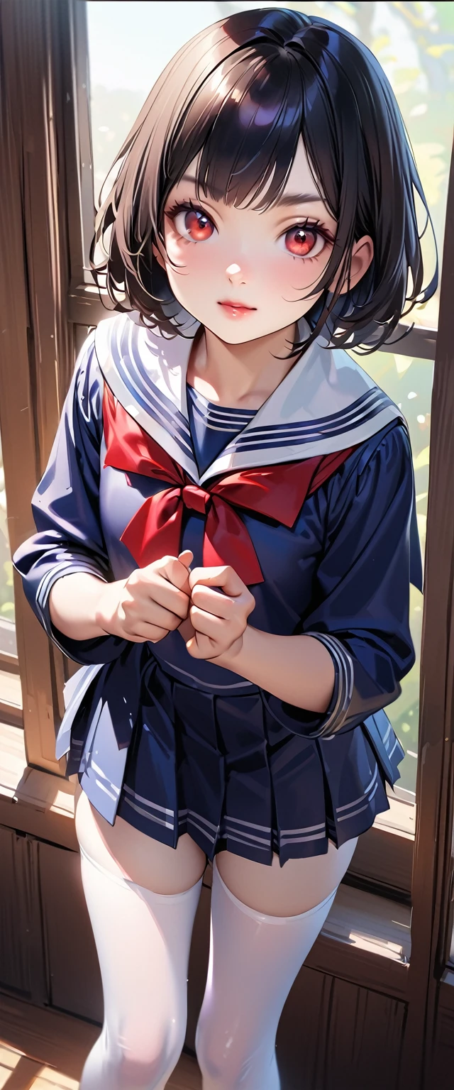 Highest quality、High resolution、Detailed Background、Beautiful face in every detail、Teenage beauty、Detailed red eyes、Realistic、Perfect body line、Black Hair、Bobcut、Long Hair、well-groomed eyebrows、Cute Lip Makeup、Calm atmosphere、A short-sleeved shiny dark sailor suit、White sailor collar、Navy blue pleated skirt、Red ribbon、White Stockings、Standing by the window of a classroom、He looked at me with a happy expression.、Cute gestures、so beautiful