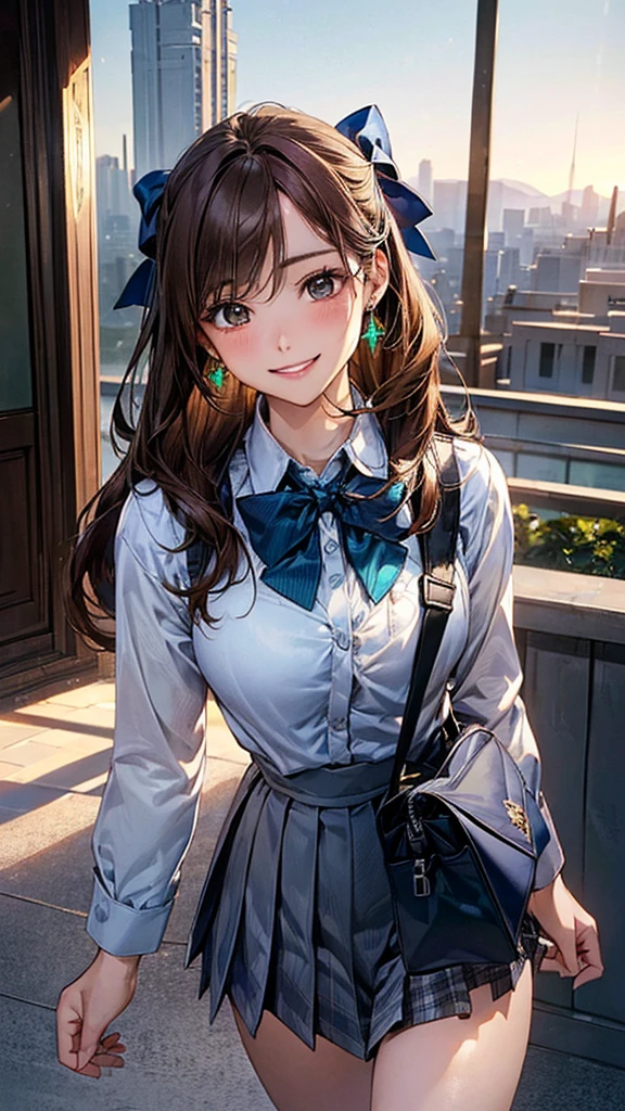 (masterpiece:1.2, Highest quality), (Realistic, photoRealistic:1.4), Beautiful illustrations, (Natural Side Lighting, Cinema Lighting),
View your viewers, Cowboy Shot, Front view, 1 Girl, Japanese, high School girl, Perfect Face, Cute and symmetrical face, Shiny skin,
(Long Hair, Straight hair, Light brown hair), Parted bangs, Emerald green eyes, (Missile Chest:0.6, Captivating thighs, Big Ass), Earrings,
Beautiful Hair, Beautiful Face, Beautiful attention to detail, Beautiful clavicle, Beautiful body, Beautiful breasts, Beautiful thighs, Beautiful feet, Beautiful fingers,
((White collared shirt with long sleeves, Grey pleated fool bag, Dark blue bow tie,
(Beautiful views), evening, School, walking, (Cute smile, Upward glance),