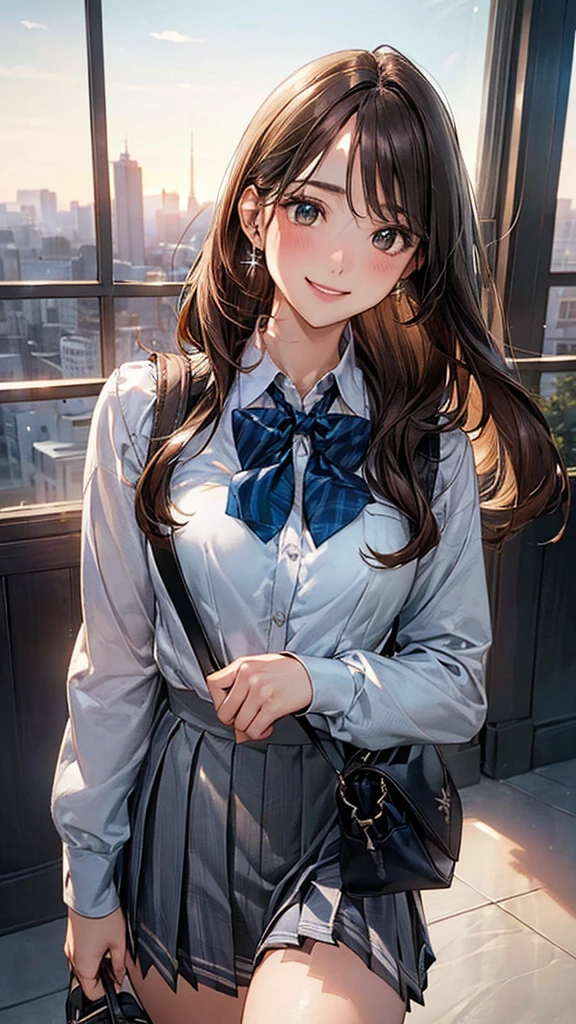 (masterpiece:1.2, Highest quality), (Realistic, photoRealistic:1.4), Beautiful illustrations, (Natural Side Lighting, Cinema Lighting),
View your viewers, Cowboy Shot, Front view, 1 Girl, Japanese, high School girl, Perfect Face, Cute and symmetrical face, Shiny skin,
(Long Hair, Straight hair, Light brown hair), Parted bangs, Emerald green eyes, (Missile Chest:0.6, Captivating thighs, Big Ass), Earrings,
Beautiful Hair, Beautiful Face, Beautiful attention to detail, Beautiful clavicle, Beautiful body, Beautiful breasts, Beautiful thighs, Beautiful feet, Beautiful fingers,
((White collared shirt with long sleeves, Grey pleated fool bag, Dark blue bow tie,
(Beautiful views), evening, School, walking, (Cute smile, Upward glance),