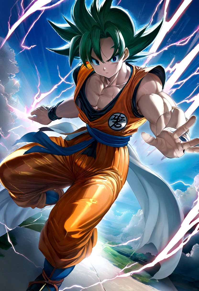 Goku, metallic effect, shade green, dark effect, lightning effect, pailletes, blue sky effect