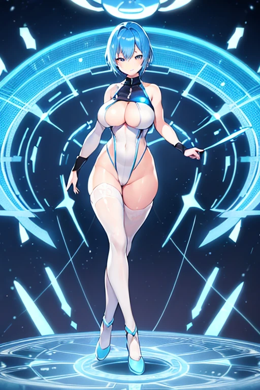 1girl, blue hair, light skin, white skin, light-skinned female, very short hair, smile, breasts, leotard, white leotard, pantyhose, black pantyhose, neon, futuristic, science-fiction, full_body, ((full body)), mature female, hourglass figure, large breasts