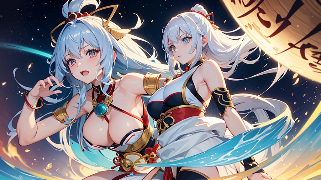 an adult anime-style girl named Tomoe Gozen (to know) showing a friendly smile ,presents an impressive and powerful appearance. It is 2 kilometers high, she holds a galaxy with her hand, showing her great multiversal power she is sitting on a planet measuring the cosmos, she has nothing on her head. She wears swimwear decorated with traditional Japanese light blue motifs with gold details that give it a distinctive touch.. His grayish albino hair is tied up in an elaborate hairstyle that complements his warrior appearance.. She has huge O cup breasts. His reddish eyes shine with determination and strength., showing his indomitable spirit in combat. He has 2 swords, one has red fire and the other is azure.