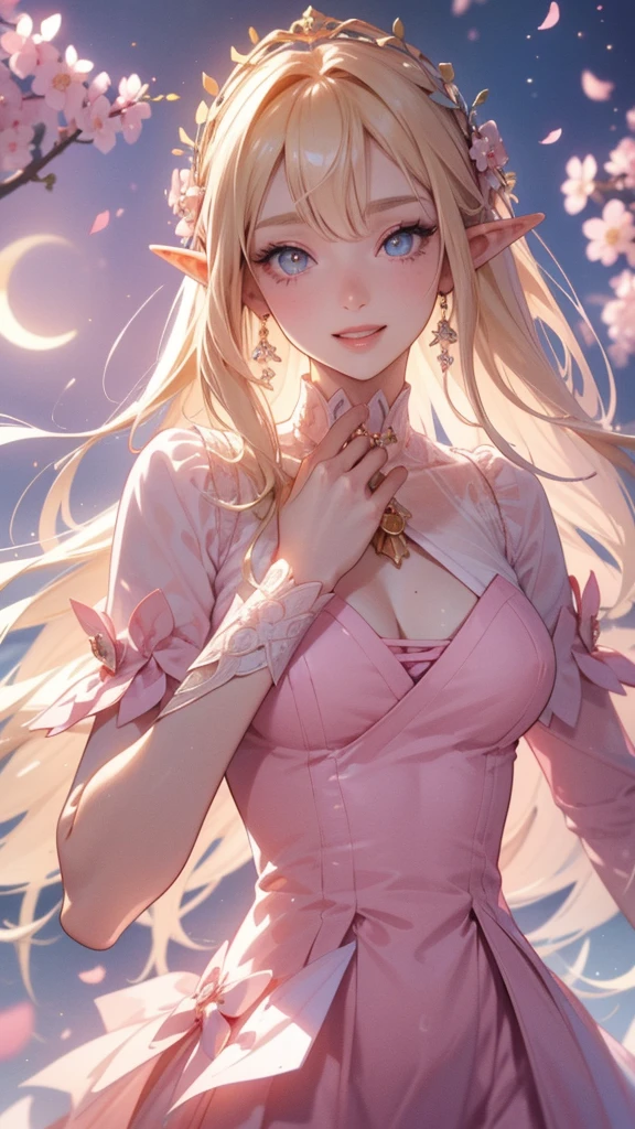 work of art, ultra creative, epic details, ultra detaild, best resolution, Woman, blonde, (BEAUTIFUL ELF), {wreath on head} ((rosto angelical)), sculptural body, pink outfit, ((perfect hands))), pink scenery, no mistakes, (((rosto ultra detaild ))), ((( olhos ultra detailds ))) glad, (expression of joy), (big smile on your face), Simple smile, moon in the background, Sakura petals around