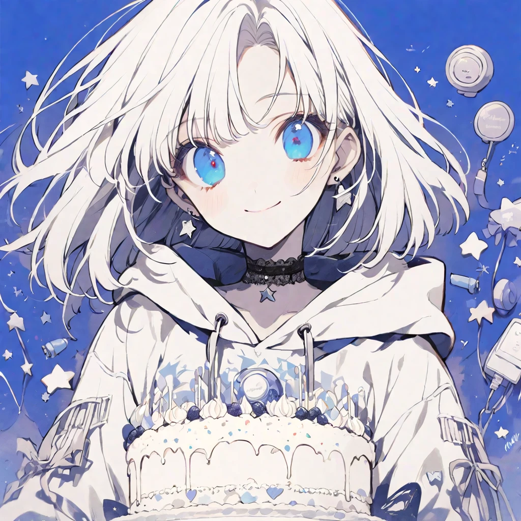 solo,handsome, monotone,
1. Female,
,Straight Hair,Bob Hair, Bob,
White hair, 
Kazuka Nakano ,
blue eyes,Soft look,beautiful,beautiful,Lolita,Darkness,Lots of silver earrings,choker,
White Distressed jeans, hoodie ,smile,skin,buzzer,
birthday cake ,Star,heart,
simple background ,
Blue background,