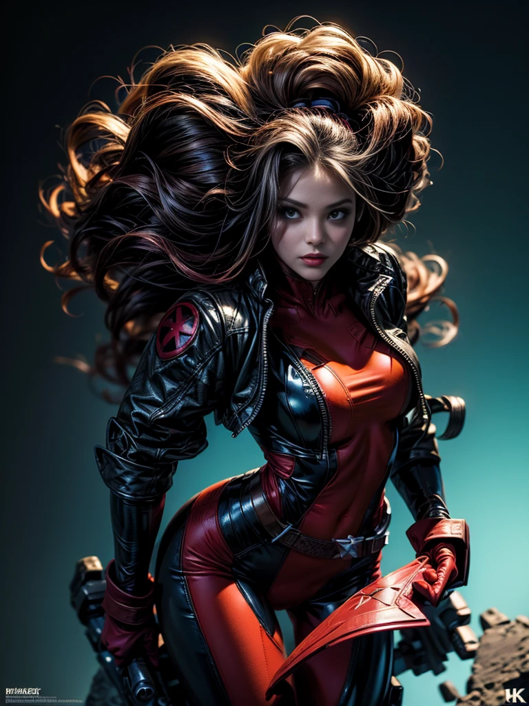 Brie Larson、masterpiece、High quality 4K、villain (X-Men)、Gothic Girl、Sculpted Body Gothic Makeup、Black jacket、Red and blue bodysuit、masterpiece、Highest quality、Cowboy Shots、One personの女の子、One person、Technology Military Bodysuit、fringe