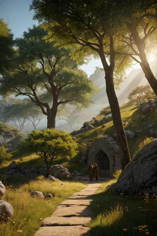 simple scenario,passing stone, ultra detailed fantasy, some acacia trees, realisitic, dnd, RPG, Lotr game design fanart by concept art, behance hd, art station, deviantart, Global Illumination Radiating a Bright Aura Global Illumination Ray Tracing HDR Rendering in Unreal Engine 5