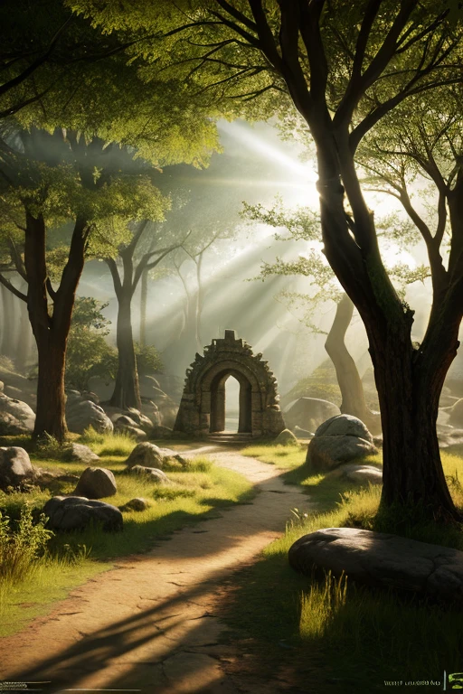simple scenario,passing stone, ultra detailed fantasy, some acacia trees, realisitic, dnd, RPG, Lotr game design fanart by concept art, behance hd, art station, deviantart, Global Illumination Radiating a Bright Aura Global Illumination Ray Tracing HDR Rendering in Unreal Engine 5