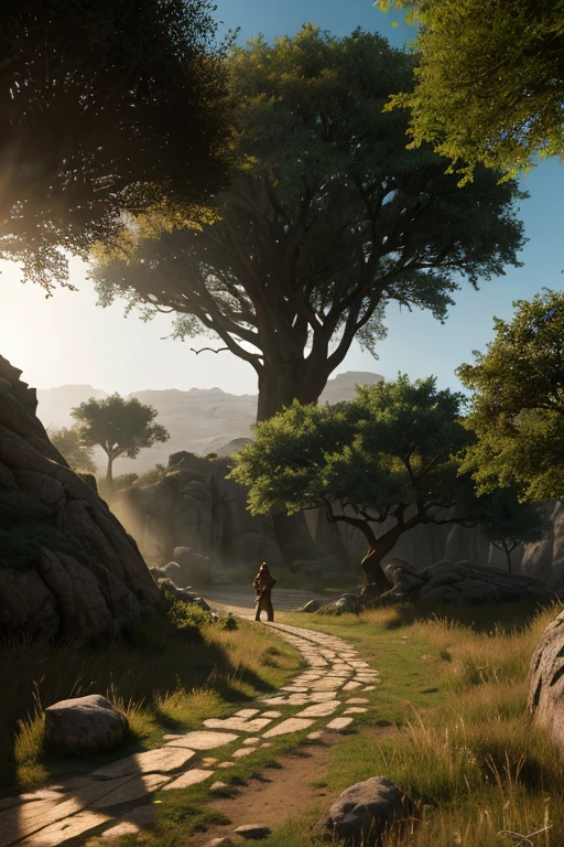 simple scenario,passing stone, ultra detailed fantasy, some acacia trees, realisitic, dnd, RPG, Lotr game design fanart by concept art, behance hd, art station, deviantart, Global Illumination Radiating a Bright Aura Global Illumination Ray Tracing HDR Rendering in Unreal Engine 5