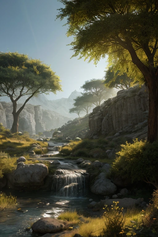 simple scenario,passing stone, ultra detailed fantasy, some acacia trees, realisitic, dnd, RPG, Lotr game design fanart by concept art, behance hd, art station, deviantart, Global Illumination Radiating a Bright Aura Global Illumination Ray Tracing HDR Rendering in Unreal Engine 5