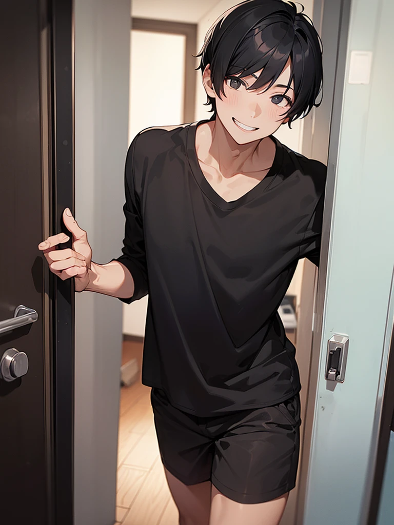 A man with short black hair wearing a black shirt opened the door to the apartment and came out.、Toothy smile、There's a blonde guy standing behind him.、White shirt