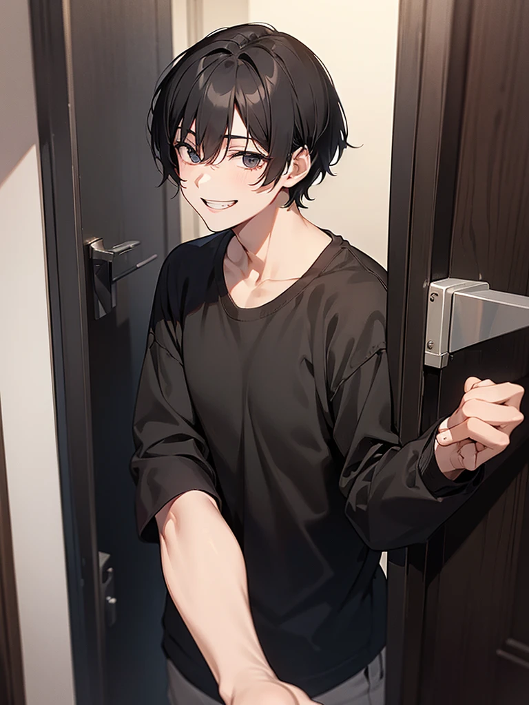 A man with short black hair wearing a black shirt opened the door to the apartment and came out.、Toothy smile、There's a blonde guy standing behind him.、White shirt