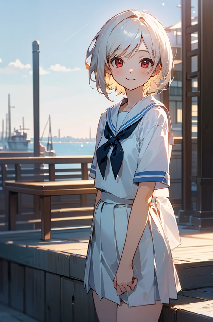 ((masterpiece,Highest quality, High resolution)), One girl, alone, Red eyes, Short white hair, smile, Sailor suit, Short sleeve, White pleated skirt, (Cute illustrations:1.2), (blue sky), Dramatic Light, afternoon, Bokeh effect, Waterfront