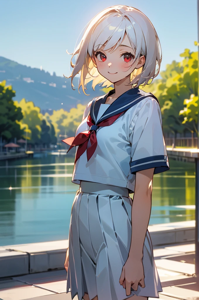 ((masterpiece,Highest quality, High resolution)), One girl, alone, Red eyes, Short white hair, smile, Sailor suit, Short sleeve, White pleated skirt, (Cute illustrations:1.2), (blue sky), Dramatic Light, afternoon, Bokeh effect, Waterfront