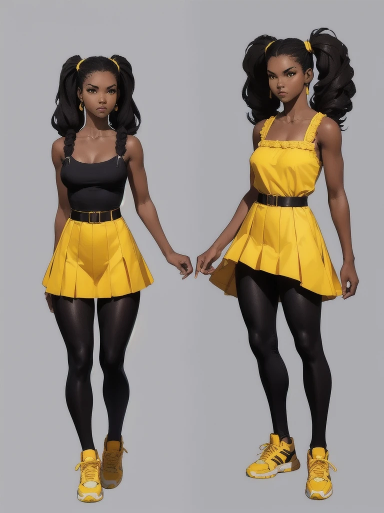 ((best quality)), ((4k)), ((highres)), ((masterpiece:1.2)). ((detailed)), ((ultra realistic)), ((intricate details)), ((full body picture)), ((character design sheet)), ((blank background)), ((standing in a blank background)), full body shot of a beautiful black female, ebony beauty, woman, 18 years old girl, dark brown skin, about 5'5 ft. tall, long curly black hair, ((long curly hair)), long hair, high pigtails, (((high pigtails)), dressed in a yellow sleeveless babydoll dress, ((EMPHASIS ON HER YELLOW SLEEVELESS BABYDOLL DRESS)), black leather belt on her waist, black SHINY leggings PANTS and sneakers, fighting game character design, tekken character design, the king of fighters character concept art, character concept art, full body, 18 years old female fighter, girly girl, cute girl, girly fighter character concept art