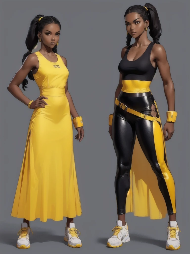 ((best quality)), ((4k)), ((highres)), ((masterpiece:1.2)). ((detailed)), ((ultra realistic)), ((intricate details)), ((full body picture)), ((character design sheet)), ((blank background)), ((standing in a blank background)), full body shot of a beautiful black female, ebony beauty, woman, 18 years old girl, dark brown skin, about 5'5 ft. tall, long curly black hair, ((long curly hair)), long hair, high pigtails, (((high pigtails)), dressed in a yellow sleeveless doll dress, ((EMPHASIS ON HER YELLOW SLEEVELESS BABYDOLL DRESS)), black leather belt on her waist, black SHINY leggings PANTS and sneakers, fighting game character design, tekken character design, the king of fighters character concept art, character concept art, full body, 18 years old female fighter, girly girl, cute girl, girly fighter character concept art
