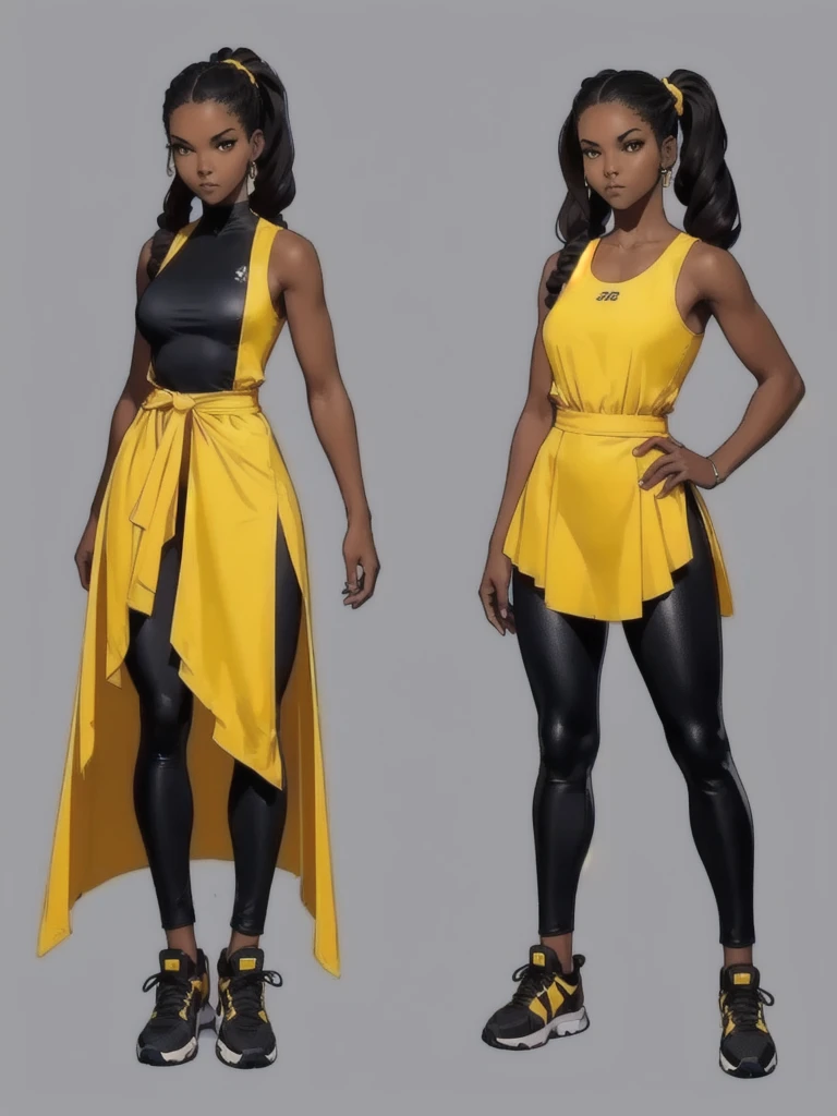 ((best quality)), ((4k)), ((highres)), ((masterpiece:1.2)). ((detailed)), ((ultra realistic)), ((intricate details)), ((full body picture)), ((character design sheet)), ((blank background)), ((standing in a blank background)), full body shot of a beautiful black female, ebony beauty, woman, 18 years old girl, dark brown skin, about 5'5 ft. tall, long curly black hair, ((long curly hair)), long hair, high pigtails, (((high pigtails)), dressed in a yellow sleeveless babydoll dress, ((EMPHASIS ON HER YELLOW SLEEVELESS BABYDOLL DRESS)), black leather belt on her waist, black SHINY leggings PANTS and sneakers, fighting game character design, tekken character design, the king of fighters character concept art, character concept art, full body, 18 years old female fighter, girly girl, cute girl, girly fighter character concept art