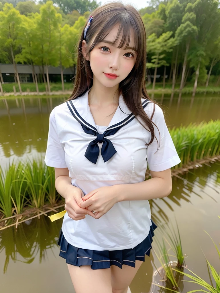 ((Best of the highest quality, 8k, Masterpiece, raw photo: 1.2)), (Sharp focus: 1.2), (1 AESPA, slim body type female, 21 y/o: 1.1), (solo: 1.28), (realistic, photo-realistic:1.37), face focus, cute face, finely eyes, (droopy eyes: 1.32), (Emphasize prominent aegyo-sal with bright: 1.2), shimmering eyeshadow applied under the lower lash line, paired with thick, (small breasts, flat chest, Thigh: 1.3), (short messy hair, bangs: 1.28), (bra top, school sailor uniform, ribbon: 1.32), walking in river, (rice field, paddy field: 1.1), flower, (from below: 1.16)