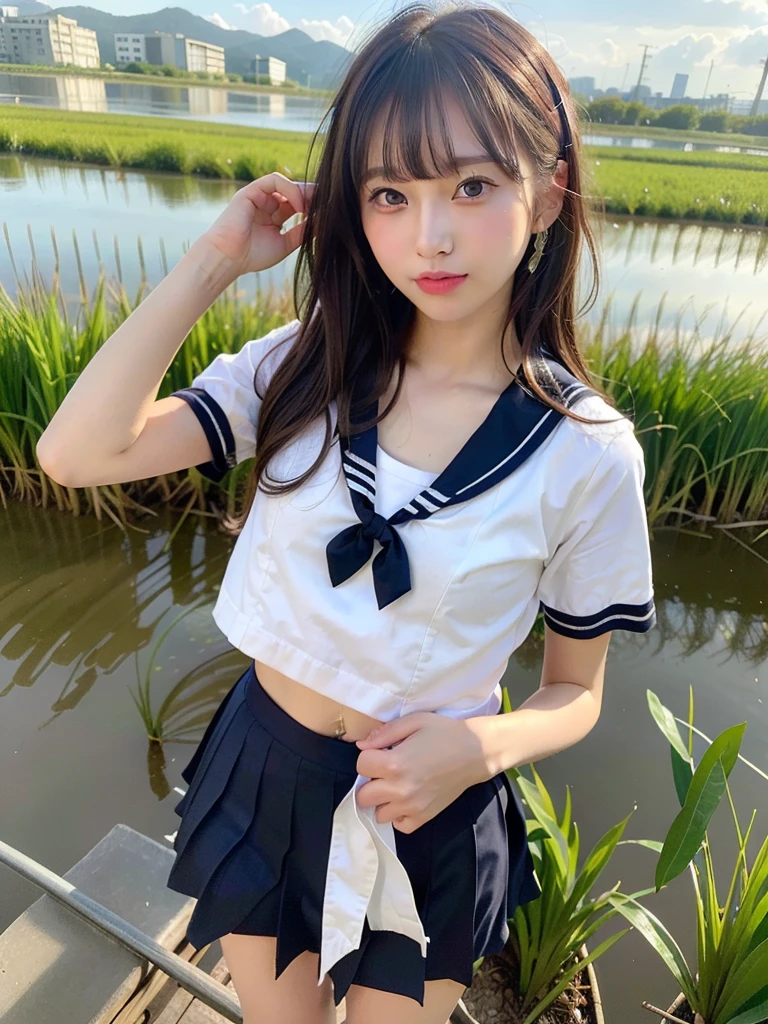 ((Best of the highest quality, 8k, Masterpiece, raw photo: 1.2)), (Sharp focus: 1.2), (1 AESPA, slim body type female, 21 y/o: 1.1), (solo: 1.28), (realistic, photo-realistic:1.37), face focus, cute face, finely eyes, (droopy eyes: 1.32), (Emphasize prominent aegyo-sal with bright: 1.2), shimmering eyeshadow applied under the lower lash line, paired with thick, (small breasts, flat chest, Thigh: 1.3), (short messy hair, bangs: 1.28), (bra top, school sailor uniform, ribbon: 1.32), walking in river, (rice field, paddy field: 1.1), flower, (from below: 1.16)