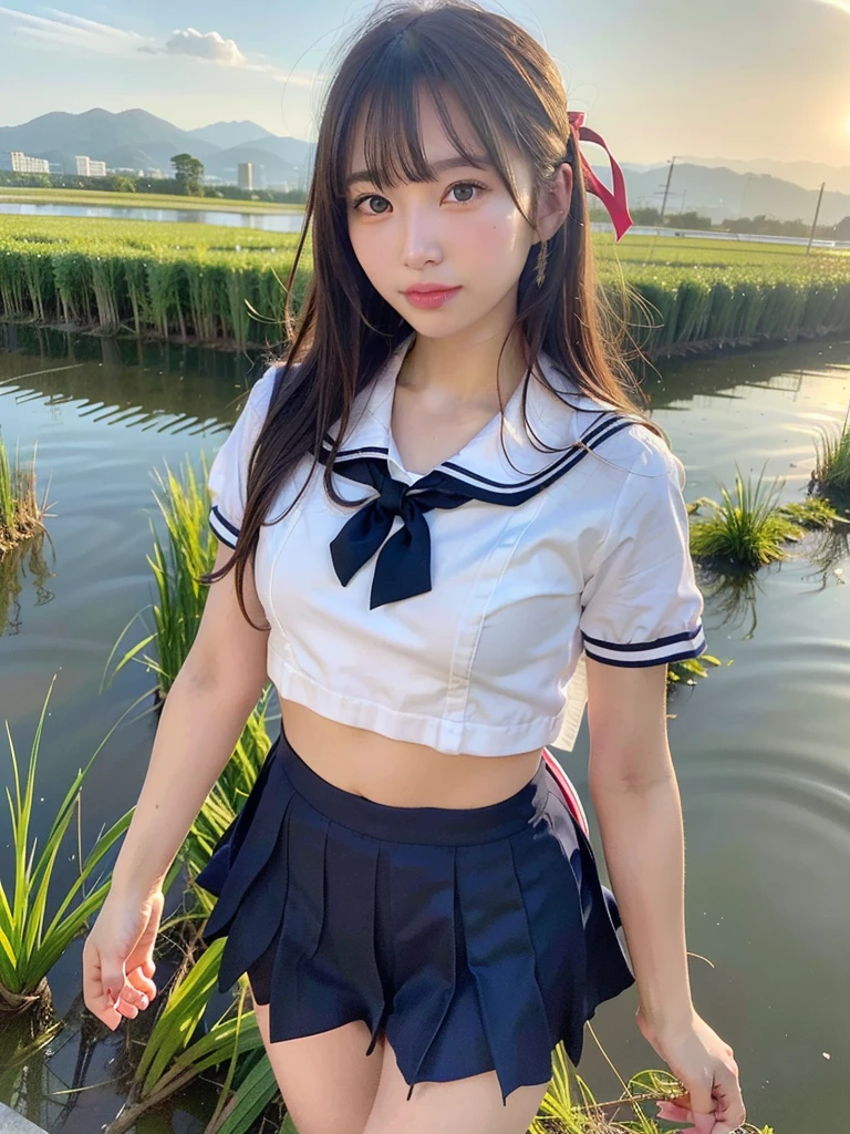 ((Best of the highest quality, 8k, Masterpiece, raw photo: 1.2)), (Sharp focus: 1.2), (1 AESPA, slim body type female, 21 y/o: 1.1), (solo: 1.28), (realistic, photo-realistic:1.37), face focus, cute face, finely eyes, (droopy eyes: 1.32), (Emphasize prominent aegyo-sal with bright: 1.2), shimmering eyeshadow applied under the lower lash line, paired with thick, (small breasts, flat chest, Thigh: 1.3), (short messy hair, bangs: 1.28), (bra top, school sailor uniform, ribbon: 1.32), walking in river, (rice field, paddy field: 1.1), flower, (from below: 1.16)