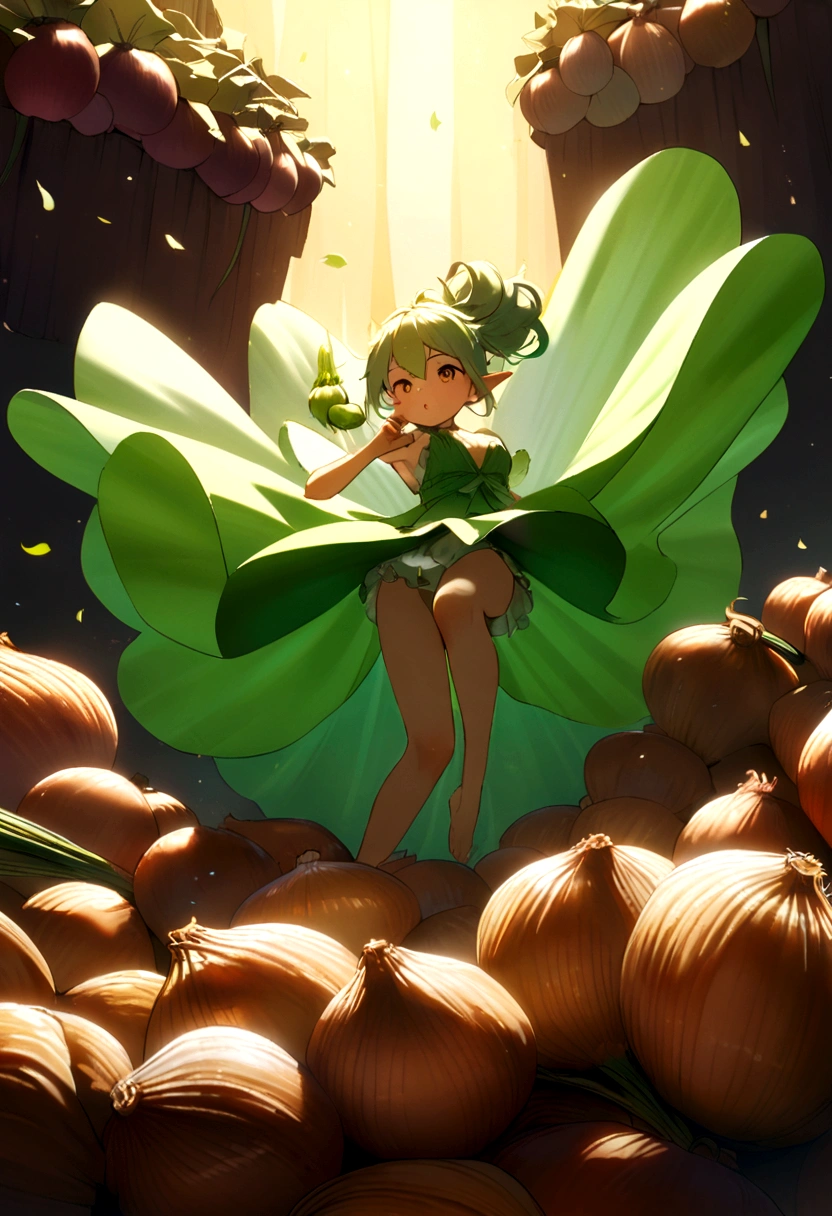 a fairy flying over a pile of Onions , holding one Onion on her hand