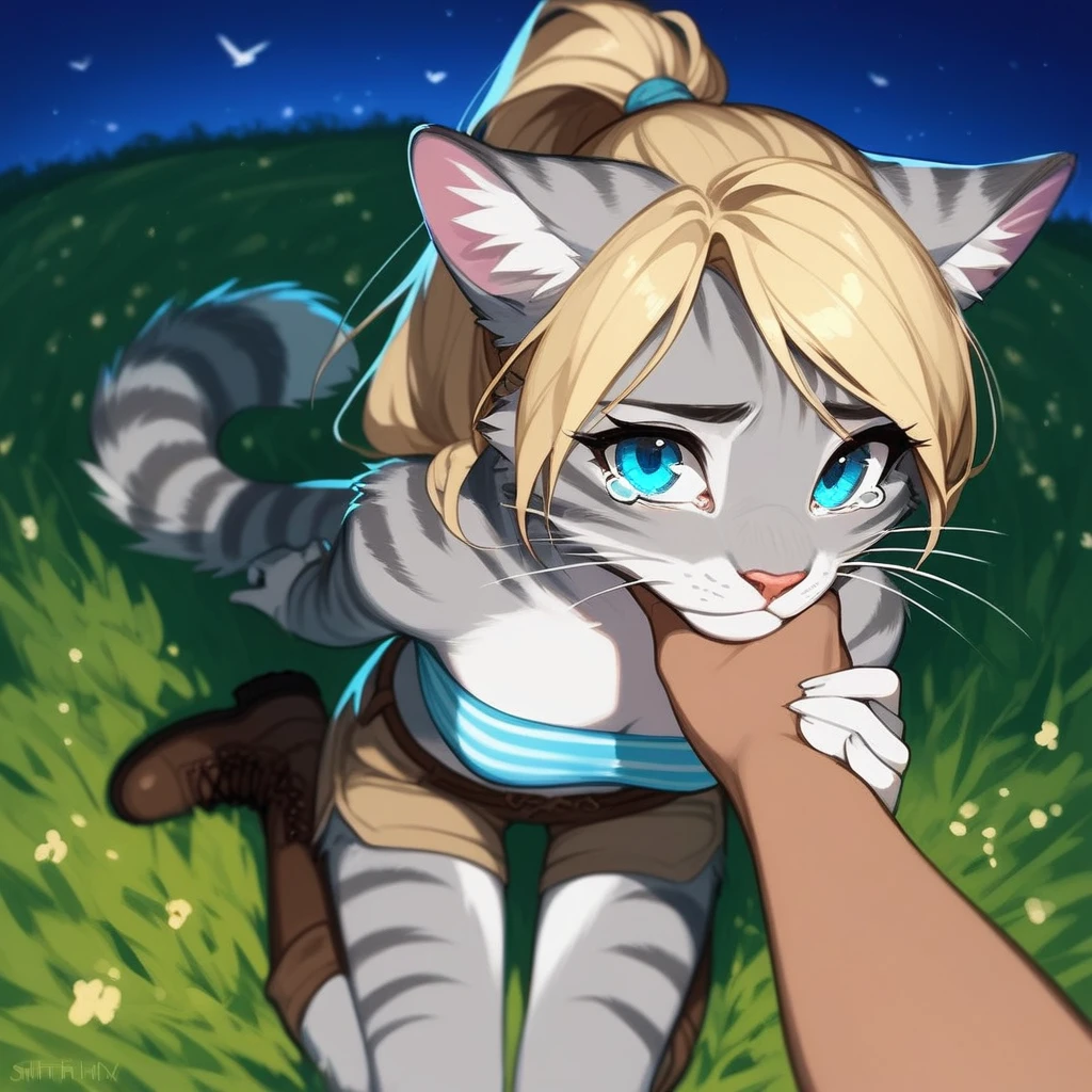 Solo, score_9,score_8_up,score_7_up, source_furry, kat, Anthro furry feline, blue eyes, blonde hair, (ponytail hair), pink nose, :3, white whiskers, silver fur with grey stripes, furry body, wearing blue bandeau, brown short shorts, brown boots, on her knees, w sitting, sniffling, sad expression, tearing up, on a grassy field, outdoors at night, pov, human viewer, from above, Birds Eye view, pov viewer is holding her hand, hand holding