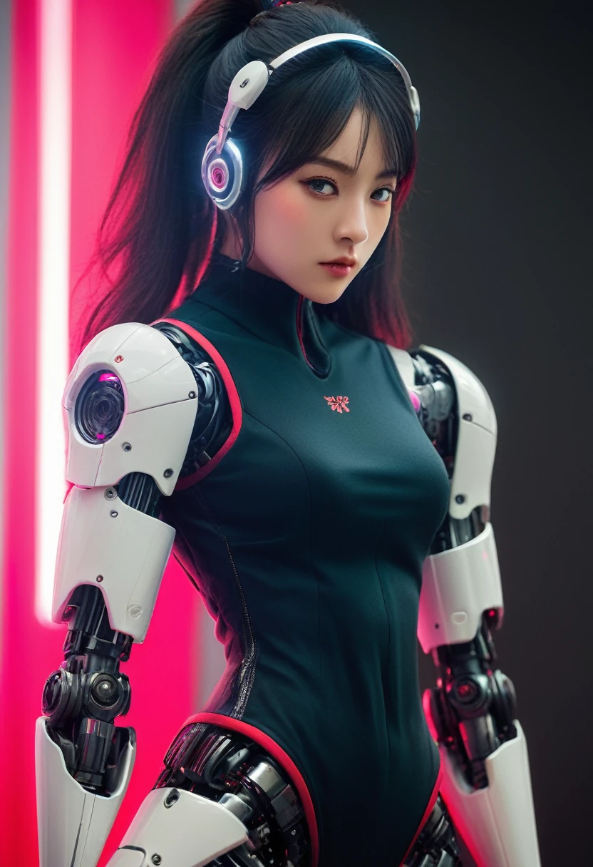 xxmixgirl. Highly detailed professional 35mm film, bokeh, face in sharp focus. A robotic female, Miku, with ((metal skin)), ((perfect Asian eyes)) with magenta irises and ((black pupils)), beautiful serious (detailed face), 18 year old ((photorealistic face)), very long magenta twin tails of magenta hair, twin black hair ties with a single red stripe. She may have a black audio headpiece. We can see her ((full body)) down to her boot soles. Her outfit is a sleeveless collared light grey shirt, outlined in red around the frilled collar and hems. Shiny reflective ((metallic breast cups, dimpleless)), invisible nipples. She wears black sleeves with red hems that start around her upper arm and bellow out as the sleeves open and extend to her wrists, with wide trumpet red rimmed cuffs. She has perfect robotic (detailed hands). She wears a red colored tie with two horizontal solid parallel black lines halfway across. She wears a fabric black skirt with a horizontal red hem at the bottom all the way around; her (((black skirt wraps around her))) and ((her skirt completely covers)) her robotic waist and thighs. Tall black boots with red bottom soles, a red rim around the top at her thighs. Her mechanical shoulder joints are visible. We can see her robotic legs and robotic neck. Half of her is covered with shiny polished machinery. The background is a distant dark neon futuristic Japanese city, gold, cyan, violet neon, near harbor or mountains.