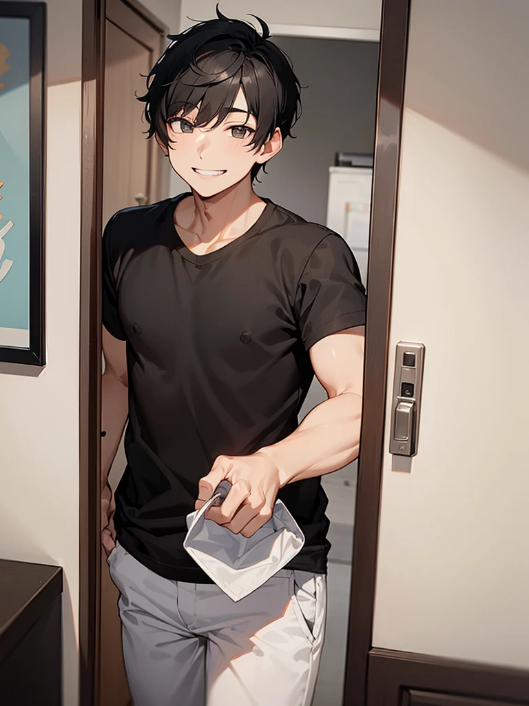 A man with short black hair wearing a black shirt opened the door to the apartment and came out.、Toothy smile、There's a blonde guy standing behind him.、White shirt