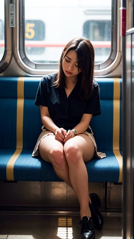 masterpiece, High resolution, Ultra High resolution, 4K, Black Hair, Japanese Girls, Uniform skirt, Accentuate your thighs, White thighs, Soft thighs, Shiny thighs, Sitting on a train, Facing angle, Angle from below, Sitting on a train Seat, Sit in front, Zoom camera to hip joint, Put your feet on the train floor, whole body, Looking down and sleepy, Only watching the audience, Highest quality, Ultra High resolution, Realistic, High resolution, detailed, RAW Photos, sharp, Nikon Film Stock Photos, Rich lens color, Ultra-realistic and realistic texture, Dramatic lighting, Unreal Engine,