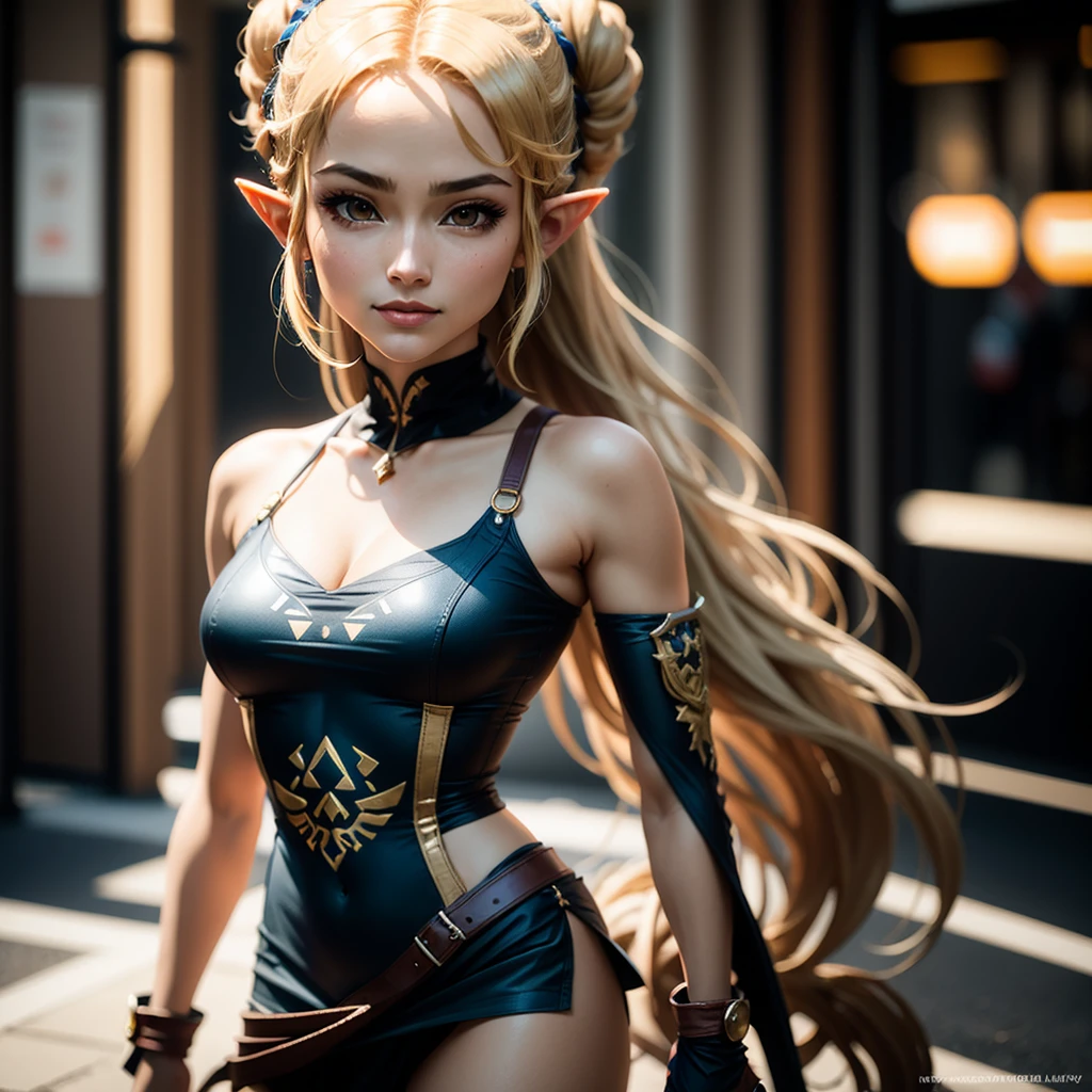 Mulher de cabelos loiros em roupa azul e bege segurando em poses de combate como em street fighter, Zelda, Retrato de Zelda, de lenda de Zelda, Link da lenda de Zelda, link do Zelda, Fotos cosplay, Cosplay ornamentado, Cosplay profissional, Cosplay, Cosplay Completo, Artgerm Moody Fotografia, Princesa Zelda, Zelda como Triforce, Hyrule, Anime Garota Cosplay, ray tracing, ray tracing, ray-traced, 4k, 3d-render, extremanente detalhado, alta qualidade, luz e sombra realistas,