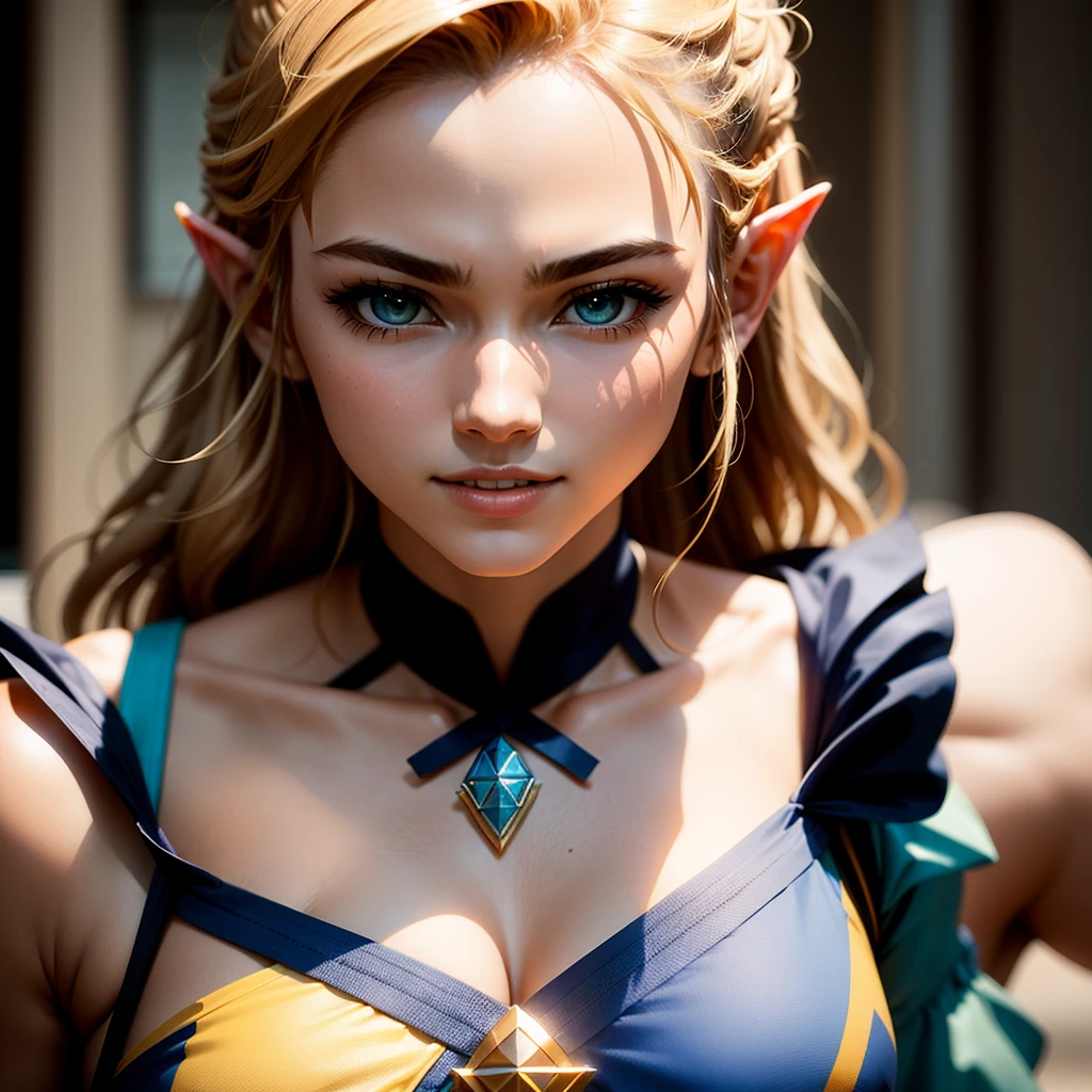Mulher de cabelos loiros em roupa azul e bege segurando em poses de combate como em street fighter, lutando como em street fighter 2, guerreira, Zelda, Retrato de Zelda, de lenda de Zelda, Link da lenda de Zelda, link do Zelda, Fotos cosplay, Cosplay ornamentado, Cosplay profissional, Cosplay, Cosplay Completo, Artgerm Moody Fotografia, Princesa Zelda, Zelda como Triforce, Hyrule, Anime Garota Cosplay, ray-traced, 3d-render, extremanente detalhado, alta qualidade, Luz e sombra realistas, cabelos loiros, eye reflection, Sorriso leve, ray tracing, ray tracing, High detail, realismo, hiper-realismo, profundidade de campo, cinematic lighting, desfoque de movimento, brilho, luz brilhante, raios de deus, ray tracing, reflection light, Afterimage, multiple views, Reflexo da lente, Bokeh, 4k, UHD, Masterpiece, anatomicamente correto, pele texturizada, Super Detalhe, alta qualidade, best quality, 8k