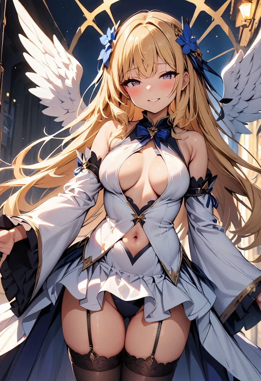 masterpiece, best quality, solo, 1girl, blonde-hair, wings, thighhighs, (very-long-hair), smile, wide-sleeves, navel, hair-ornament, blush, looking-at-viewer, detached-sleeves, open-mouth, frills, outstretched-arms, black-thighhighs, dress, oragen-eyes, half-closed-eyes, long-sleeves, bangs, breasts, center-opening, standing, angel-wings, white-wings, garter-straps, flower, parted-lips, bare-shoulders, navel-cutout