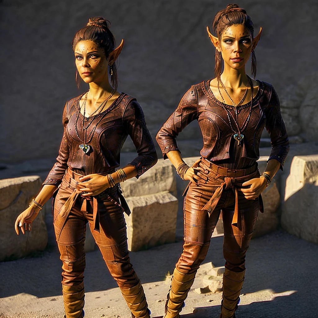 1girl, alone, githyaki, jewelry, pointy ears, flat nose, necklace, hair bun, posing with butt facing the camera, hands on hips, wearing brown pants, (masterpiece, best quality), ultra-detailed, cinematic lighting, highly detailed face, intricate jewelry, cinematic pose, detailed clothing folds, photorealistic, vibrant colors, smooth shading, sharp focus