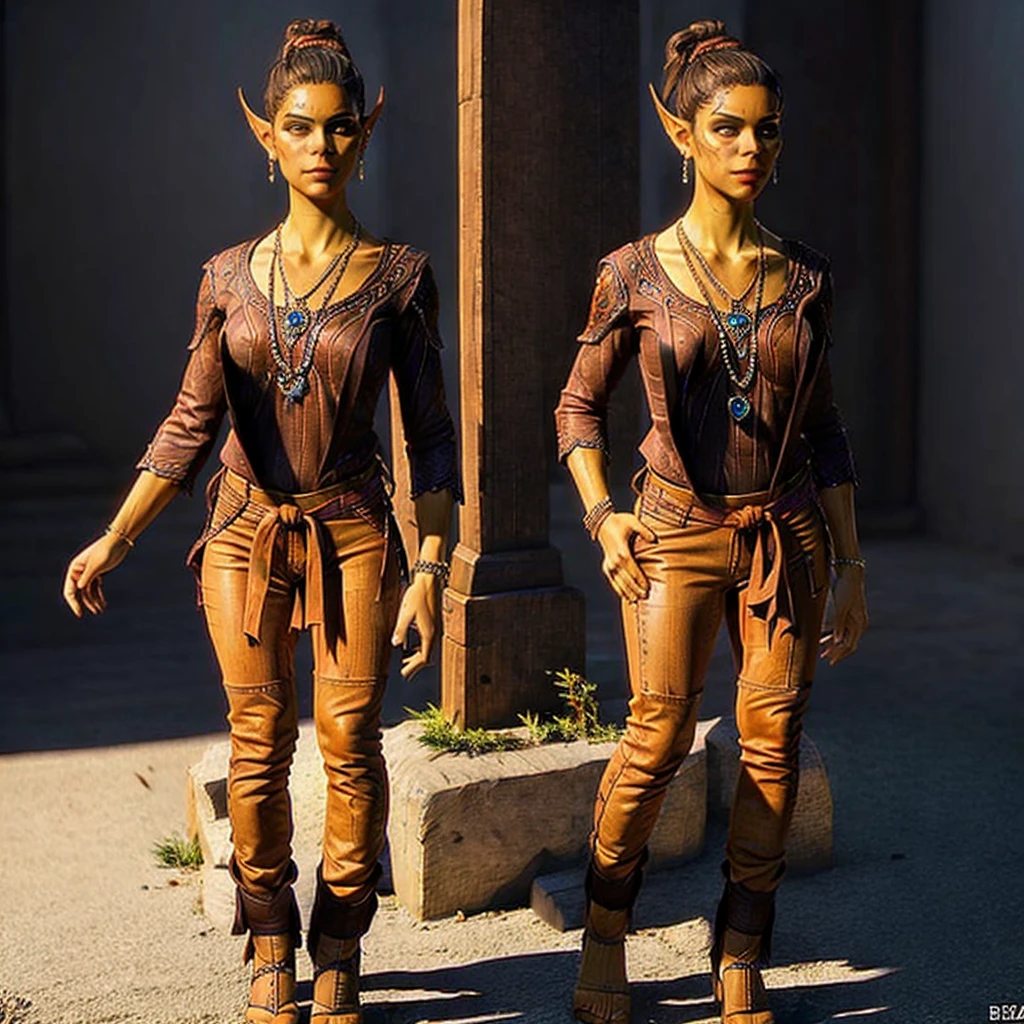 1girl alone, solo, jewelry, pointy ears, flat nose, necklace, hair bun, butt facing the camera, hands on hips, wearing brown pants, (masterpiece, best quality), ultra-detailed, cinematic lighting, highly detailed face, intricate jewelry, cinematic pose, detailed clothing folds, photorealistic, vibrant colors, smooth shading, sharp focus