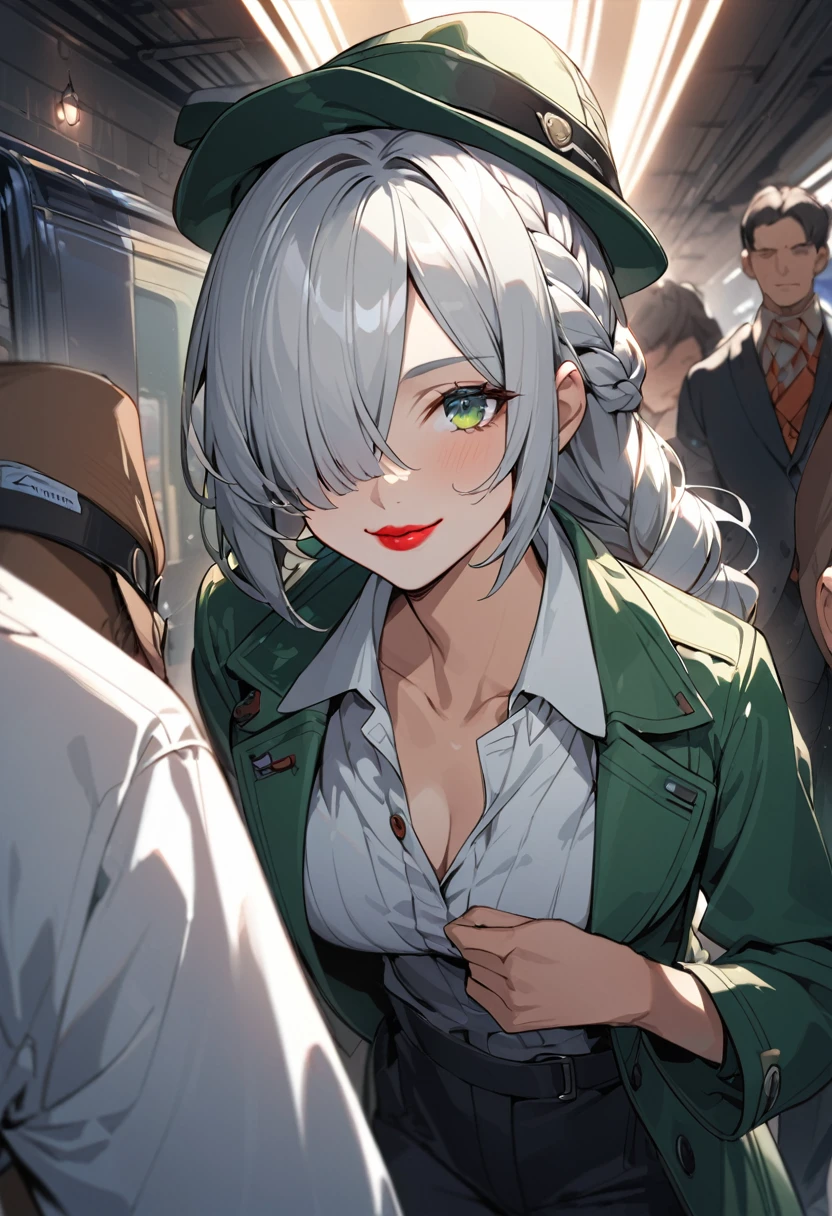 BREAK Perfect Anatomy、(High resolution:1.2)、Incredible illustrations、(Cute illustrations:1.2)、()(cinematic angle,ceiling,solo focus,)
(Beautiful background(Passage inside the train))
1girl(a (male focus,tom girl), 1.7meters, 45kg,,dark skin:2.0 ,green eyes,silver hair,hair over one eye,long french braid,lipstick:1.7)(light smile)
(tyrolean hat,rail road man's coat,Vest jacket with lines
slacks,workman's boots)