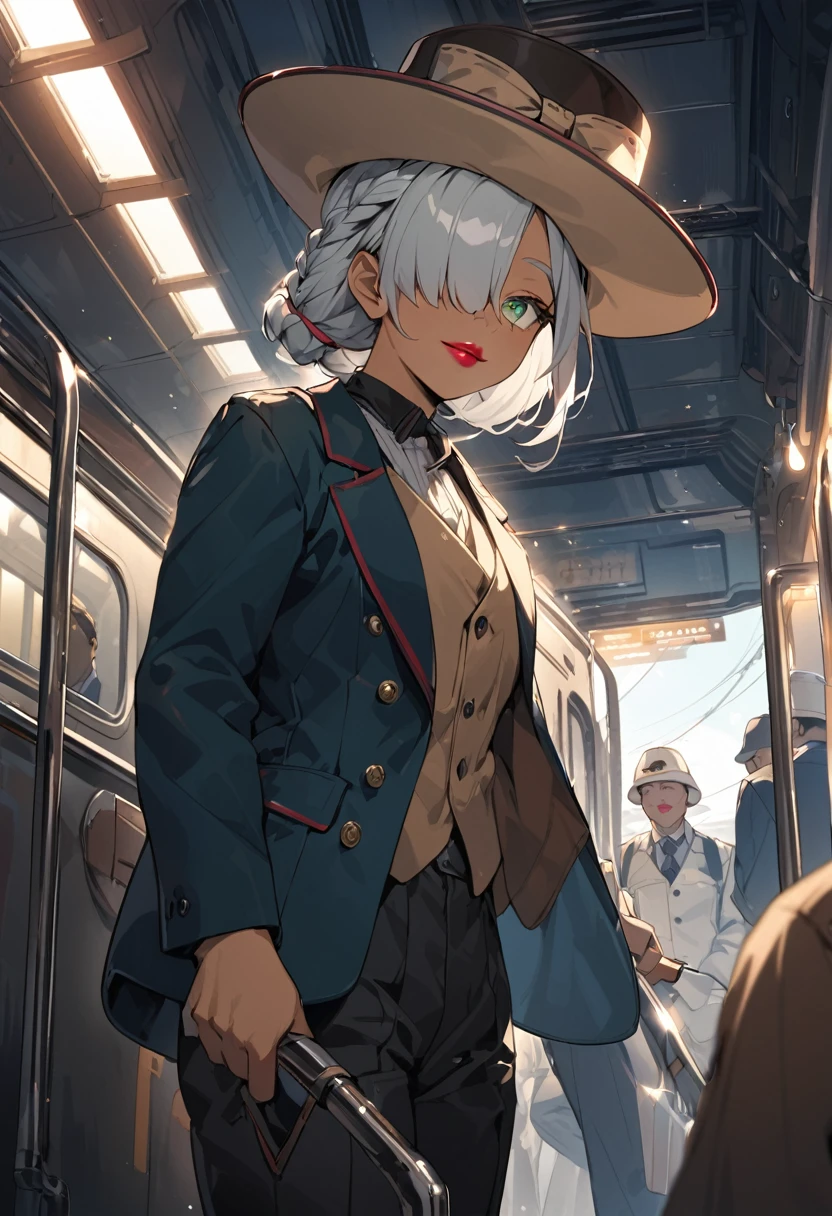BREAK Perfect Anatomy、(High resolution:1.2)、Incredible illustrations、(Cute illustrations:1.2)、()(cinematic angle,ceiling,solo focus,)
(Beautiful background(Passage inside the train))
1girl(a (male focus,tom girl), 1.7meters, 45kg,,dark skin:2.0 ,green eyes,silver hair,hair over one eye,long french braid,lipstick:1.7)(light smile)
(tyrolean hat,rail road man's coat,Vest jacket with lines
slacks,workman's boots)