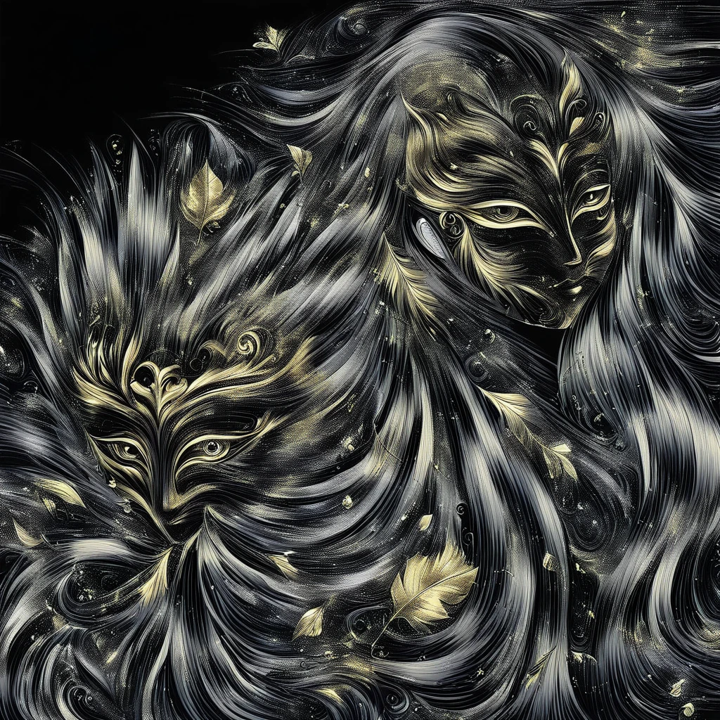 (Gold leaf art:1.5)，(Metallic luster:1.45)，Minimalism，(Line art:1.6)，sketch，charcoal drawing，Gold leaf mask，flower,Surreal art style illustration，Surreal Dreams，Dubreck Style,(Multiple Exposure：1.8),Dream of happiness，