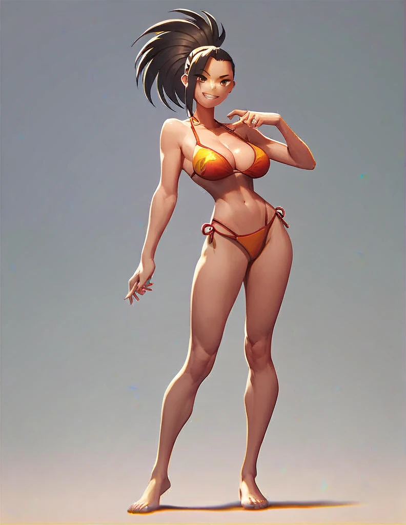 Momo yayorozu, big cleavage, bikini, barefoot, full body, big bust, standing, eye contact, looking at viewer, seductive grin