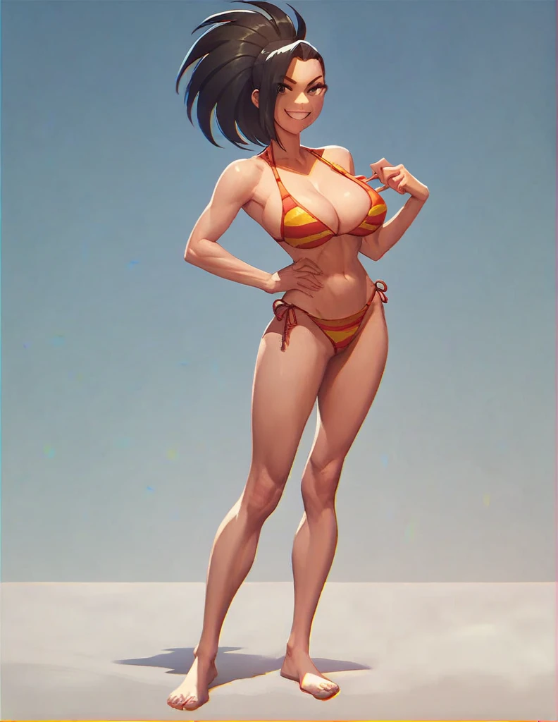 Momo yayorozu, big cleavage, bikini, barefoot, full body, big bust, standing, eye contact, looking at viewer, seductive grin