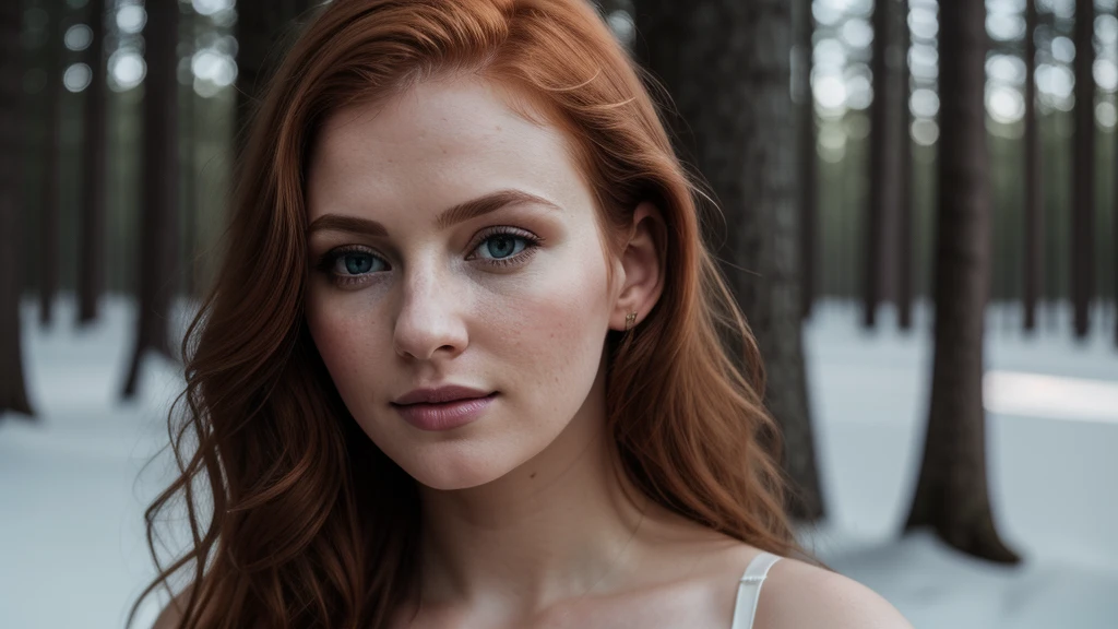 sensual woman, lingerie, close up of a (european woman), (ginger hair), (winter forest), natural skin texture, 24mm, 4k textures, soft cinematic light, RAW photo, photorealism, photorealistic, intricate, elegant, highly detailed, sharp focus, ((((cinematic look)))), soothing tones, insane details, intricate details, hyperdetailed, low contrast, soft cinematic light, dim colors, exposure blend, hdr, faded