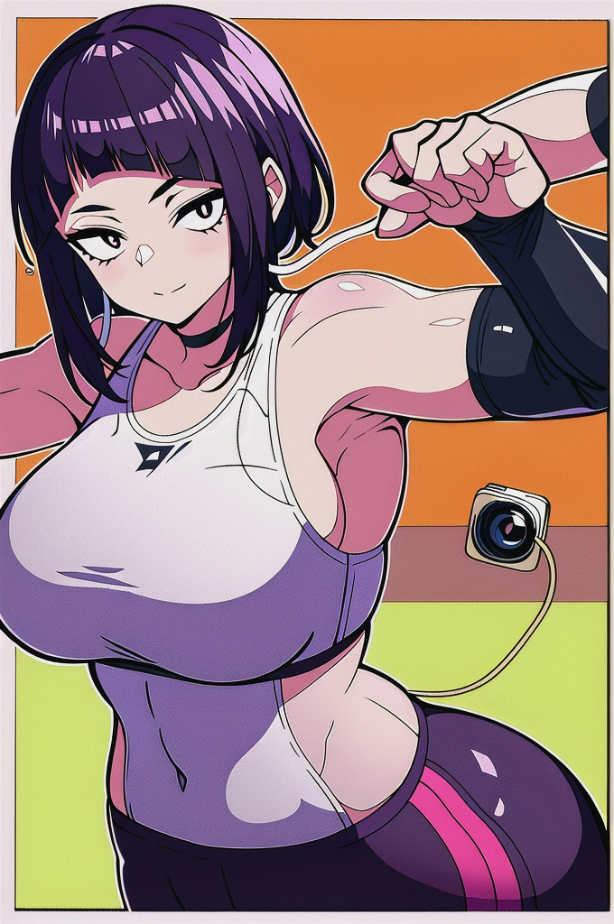 masterpiece, best quality, 1girl, upperbody, jirou , milf, Sportswear , Tight, big breasts and ass, camera looking at upper body, eyes looking at camera, White background without details, 