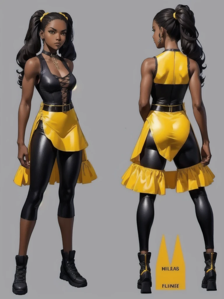 ((best quality)), ((4k)), ((highres)), ((masterpiece:1.2)). ((detailed)), ((ultra realistic)), ((intricate details)), ((full body picture)), ((character design sheet)), ((blank background)), ((standing in a blank background)), full body shot of a beautiful black female, ebony beauty, woman, 18 years old girl, dark brown skin, about 5'5 ft. tall, long curly black hair, ((long curly hair)), long hair, high pigtails, (((high pigtails)), dressed in a yellow sleeveless babydoll dress, ((EMPHASIS ON HER YELLOW SLEEVELESS BABYDOLL DRESS)), black leather belt on her waist, black SHINY leggings PANTS and sneakers, fighting game character design, tekken character design, the king of fighters character concept art, character concept art, full body, 18 years old female fighter, girly girl, cute girl, girly fighter character concept art
