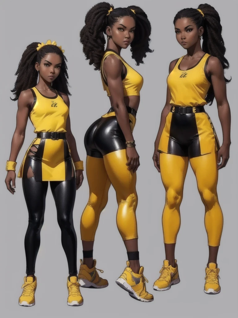 ((best quality)), ((4k)), ((highres)), ((masterpiece:1.2)). ((detailed)), ((ultra realistic)), ((intricate details)), ((full body picture)), ((character design sheet)), ((blank background)), ((standing in a blank background)), full body shot of a beautiful black female, ebony beauty, woman, 18 years old girl, dark brown skin, about 5'5 ft. tall, long curly black hair, ((long curly hair)), long hair, high pigtails, (((high pigtails)), dressed in a yellow sleeveless babydoll dress, ((EMPHASIS ON HER YELLOW SLEEVELESS BABYDOLL DRESS)), black leather belt on her waist, black SHINY leggings PANTS and sneakers, fighting game character design, tekken character design, the king of fighters character concept art, character concept art, full body, 18 years old female fighter, girly girl, cute girl, girly fighter character concept art