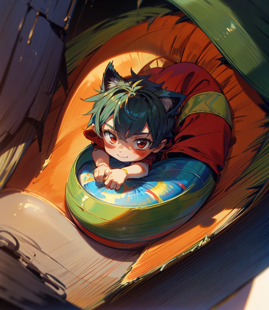 Create a boy, a 10-year-old  who has a blue, red, green and yellow crown that has the symbol of the reverse of one on the ends and he has some bricklaying tools on his back, a mini kitten on his shoulder, a red shirt with a very cute cat on the print and have black pants and very bright red eyes and a big, beautiful smile