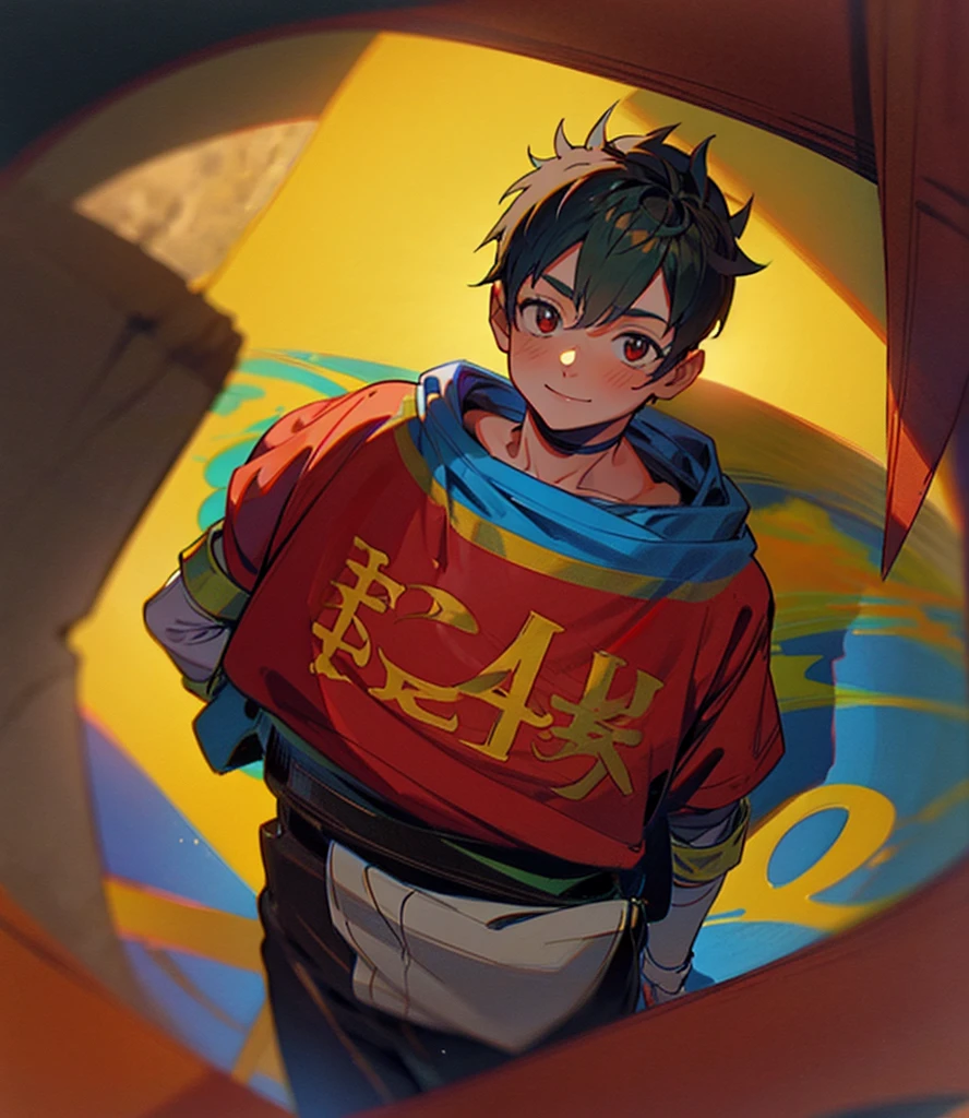 Create a boy, a 10-year-old  who has a blue, red, green and yellow crown that has the symbol of the reverse of one on the ends and he has some bricklaying tools on his back, a mini kitten on his shoulder, a red shirt with a very cute cat on the print and have black pants and very bright red eyes and a big, beautiful smile