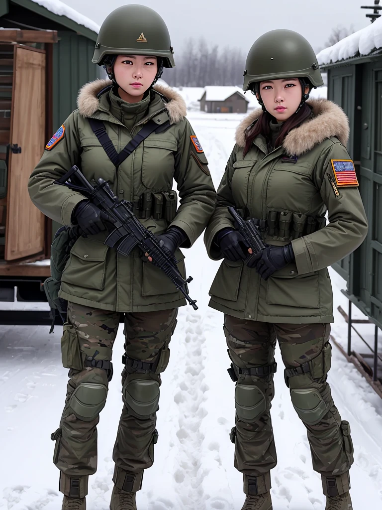 Two female soldiers wearing helmets、Wearing dark green M-51 military coat,whole body、Standing upright、Snowy military camp,masterpiece、best quality、Highly detailed CG、8K picture quality