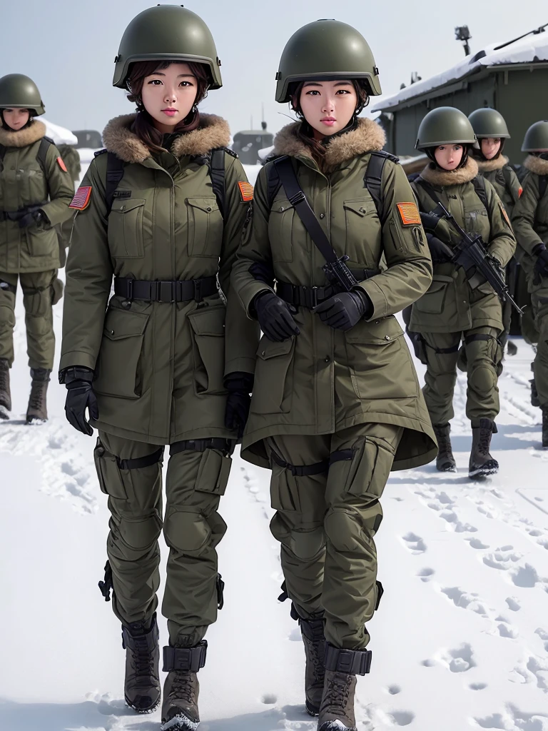 Two female soldiers wearing helmets、Wearing dark green M-51 military coat,whole body、Standing upright、Snowy military camp,masterpiece、best quality、Highly detailed CG、8K picture quality