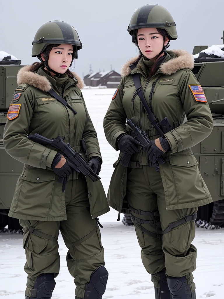 Two female soldiers wearing helmets、Wearing dark green M-51 military coat,whole body、Standing upright、Snowy military camp,masterpiece、best quality、Highly detailed CG、8K picture quality