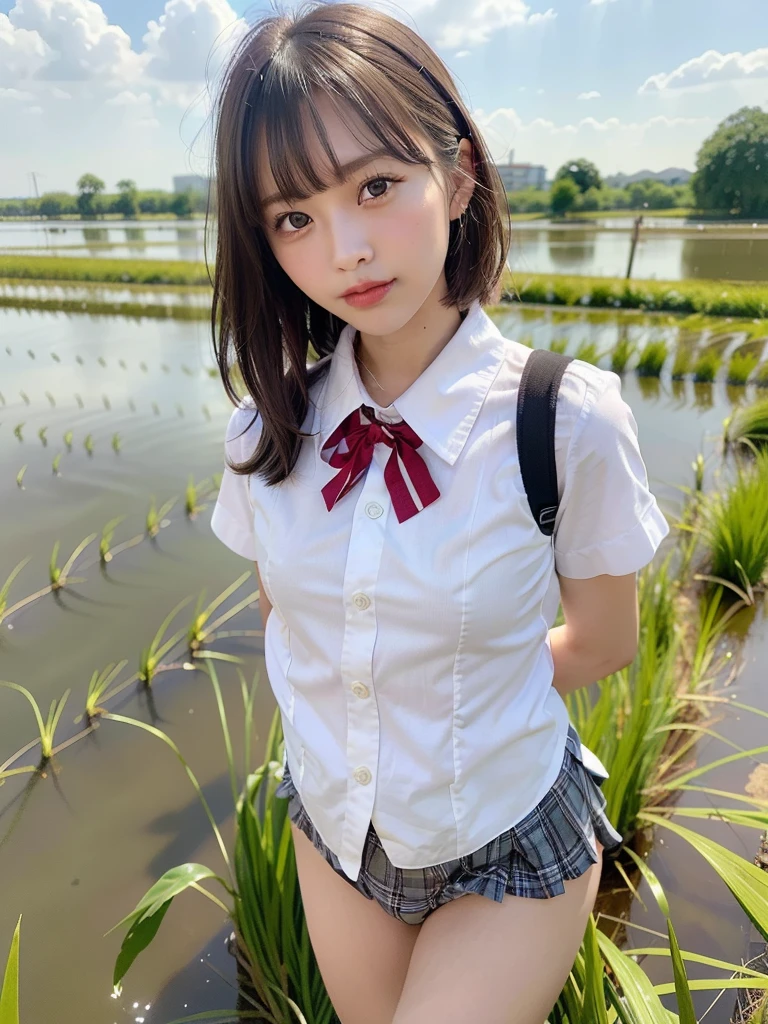 ((Best of the highest quality, 8k, Masterpiece, raw photo: 1.2)), (Sharp focus: 1.2), (1 AESPA, slim body type female, 21 y/o: 1.1), (solo: 1.28), (realistic, photo-realistic:1.37), face focus, cute face, finely eyes, (droopy eyes: 1.32), (Emphasize prominent aegyo-sal with bright: 1.2), shimmering eyeshadow applied under the lower lash line, paired with thick, (small breasts, flat chest, Thigh: 1.3), (short messy hair, bangs: 1.28), (school uniform, ribbon, panties: 1.32), walking in river, (rice field, paddy field: 1.1), flower, (from below: 1.16)