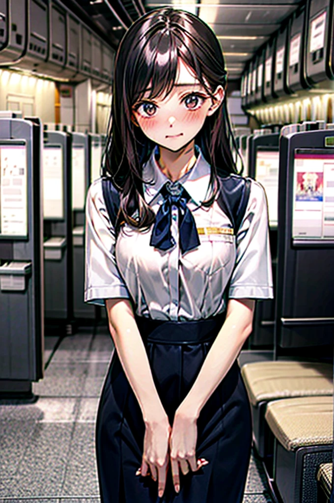 (1 person、alone), Beautiful woman, Anatomically perfect body, thin、(stewardess、Cabin attendant), Japan Aviation Uniforms、Jacket、skirt、(Looking down:1.2), (Pussy juice:1.1)、(hug my chest:1.2)、20-year-old、(Highest quality)、Black Hair, (Half Up:1.1), Inside the plane、(8K, High resolution)、(shy:1.4)、Mid-chest, (vapor:1.1), (Embarrassing:1.3), Showing nipples under shirt