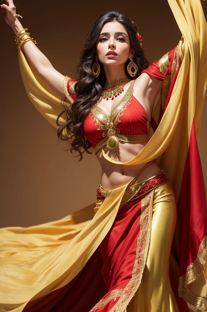 Drawing gypsy woman dancing flamenco with gold and red shawl peasant clothes sand blouse green vest red skirt gold rose in hair